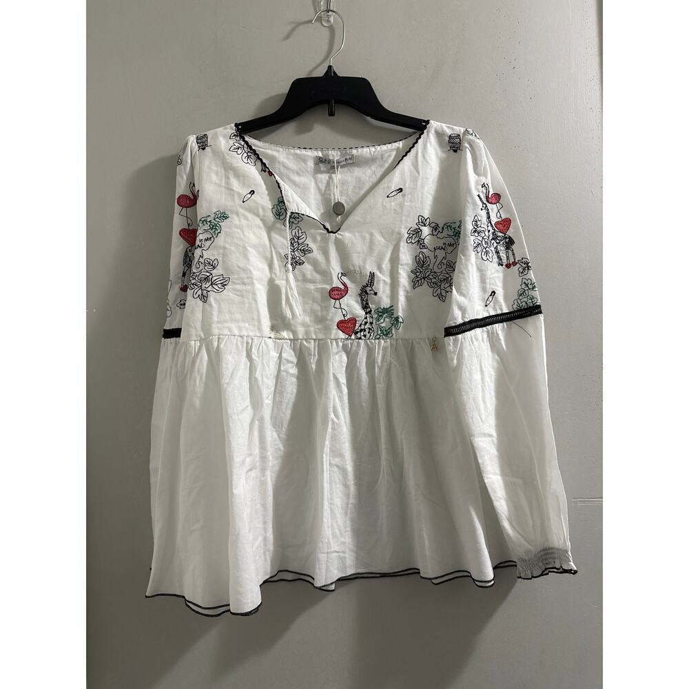 Patrizia Pepe white embroidered zoo flamingo giraffe girls kids blouse